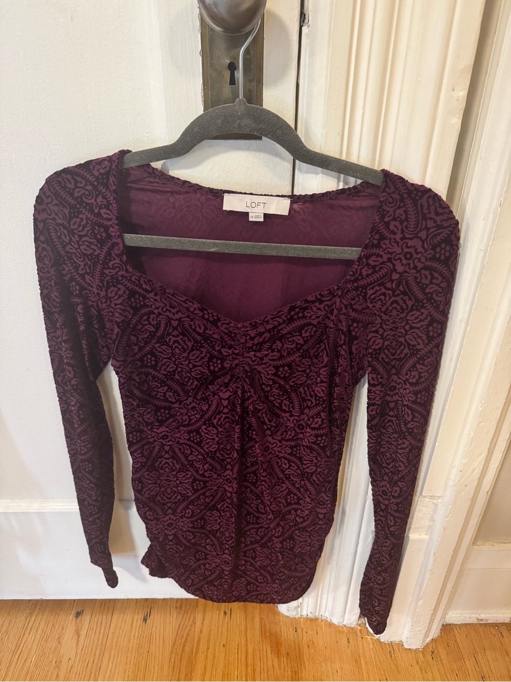 LOFT Burnout Velvet Long-Sleeve Top in Deep Plum